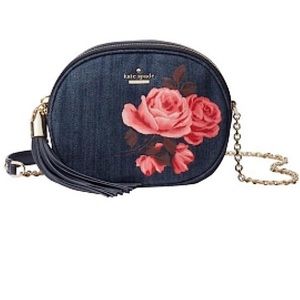 Kate Spade Emerson place denim leather rose crossbody gold chain bag purse